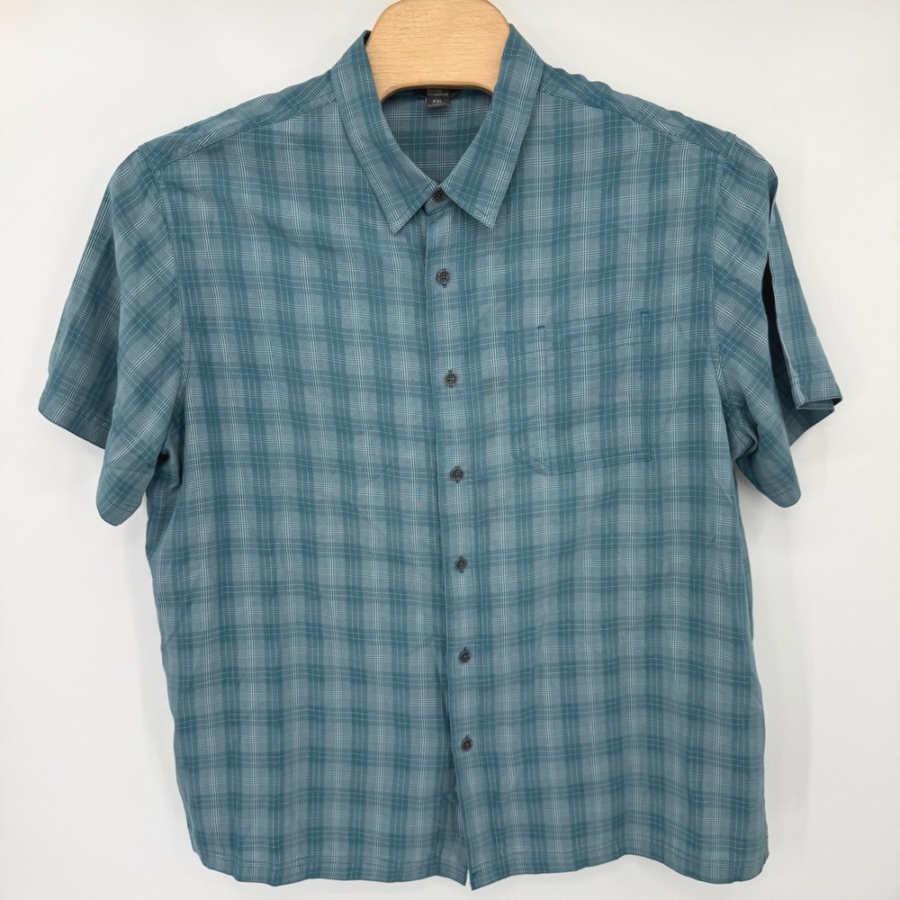 Royal Robbins Button Down Men XXL Teal Plaid Short Sleeve Relaxed Fit ROYCL-S75‎